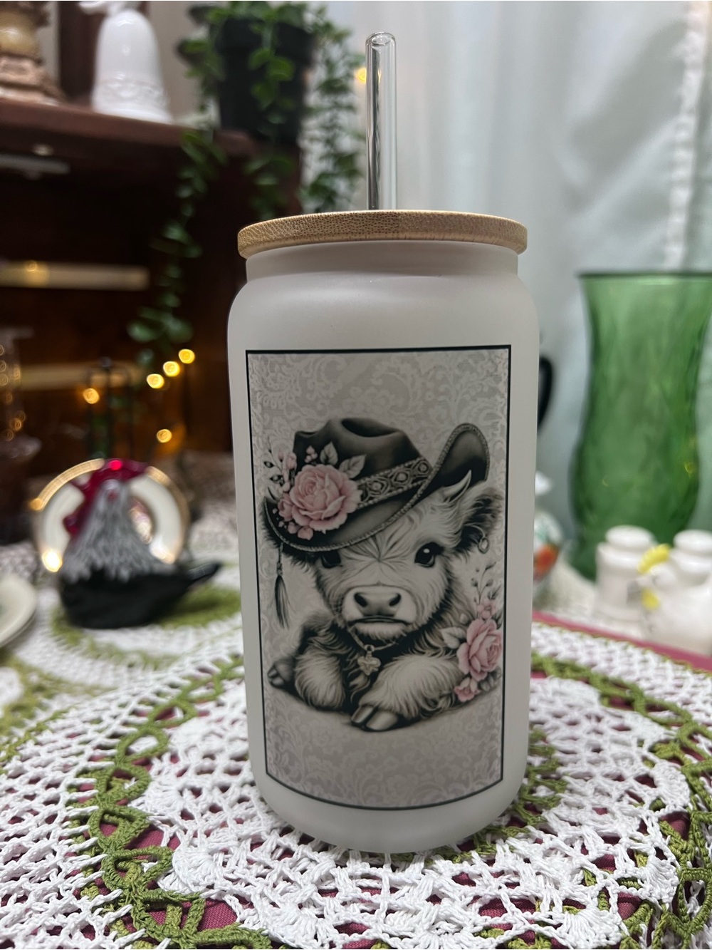 White Frosted Cow Can Tumbler with Straw